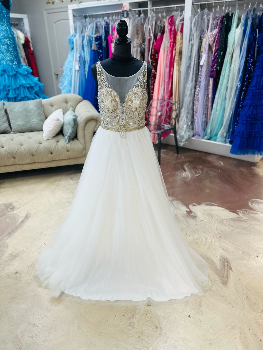 Elegant White Tulle Gown with Gold Beaded Bodice